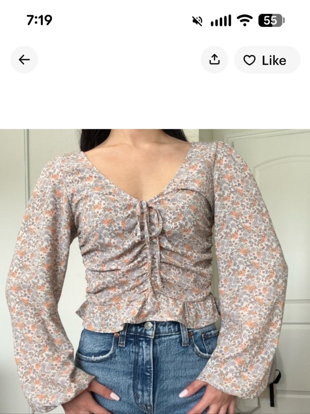 H&M Floral Ruched Tie-Front Long Sleeve Blouse Top XS Whimsy Fairy Cottage EUC